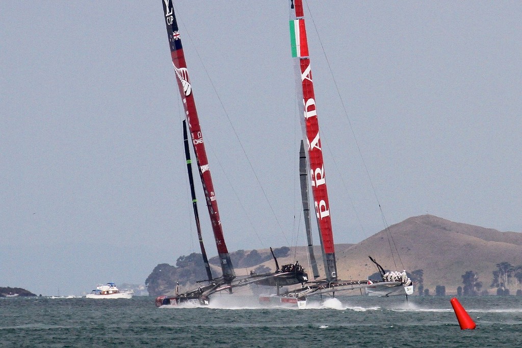 Flying on the reach heading for the turning mark   - AC72 Race Practice - Takapuna March 8, 2013 © Richard Gladwell www.photosport.co.nz